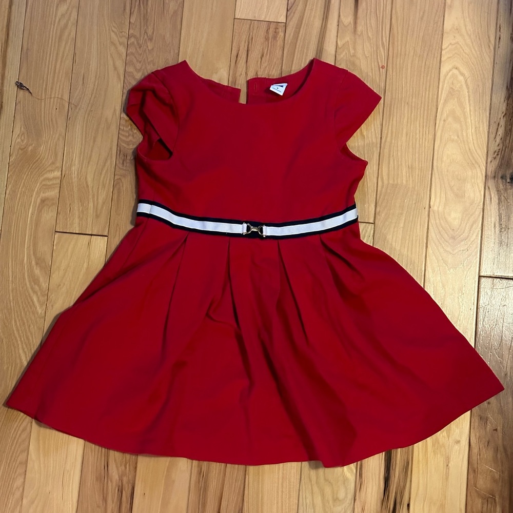 Janie and jack red boat neck dress with cap sleeves and white and blue accents